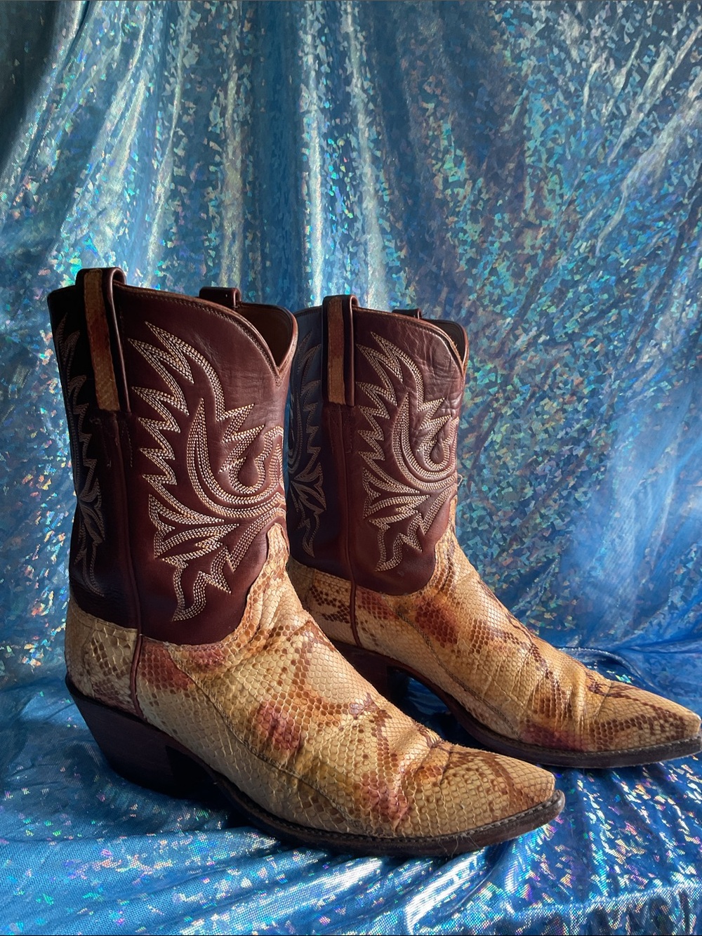 Lucchese Western Hanndmade Women's Brown Leather & Snakskin Heeled Boots  2010